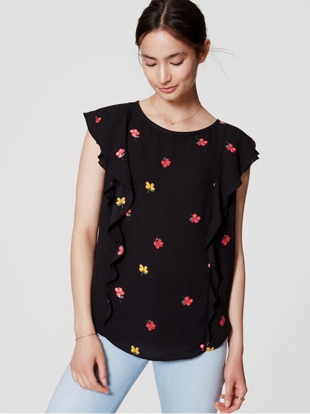 LOFT Black Ruffle Top with Pink & Yellow Floral - Small